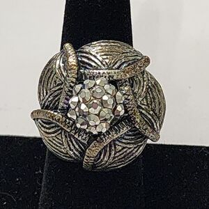 Silver Tone Rhinestone Statement Ring Textured Swirl Adjustable Size 8